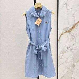Miu Miu Pale Blue Sleeveless Shirt Dress with Waist Tie